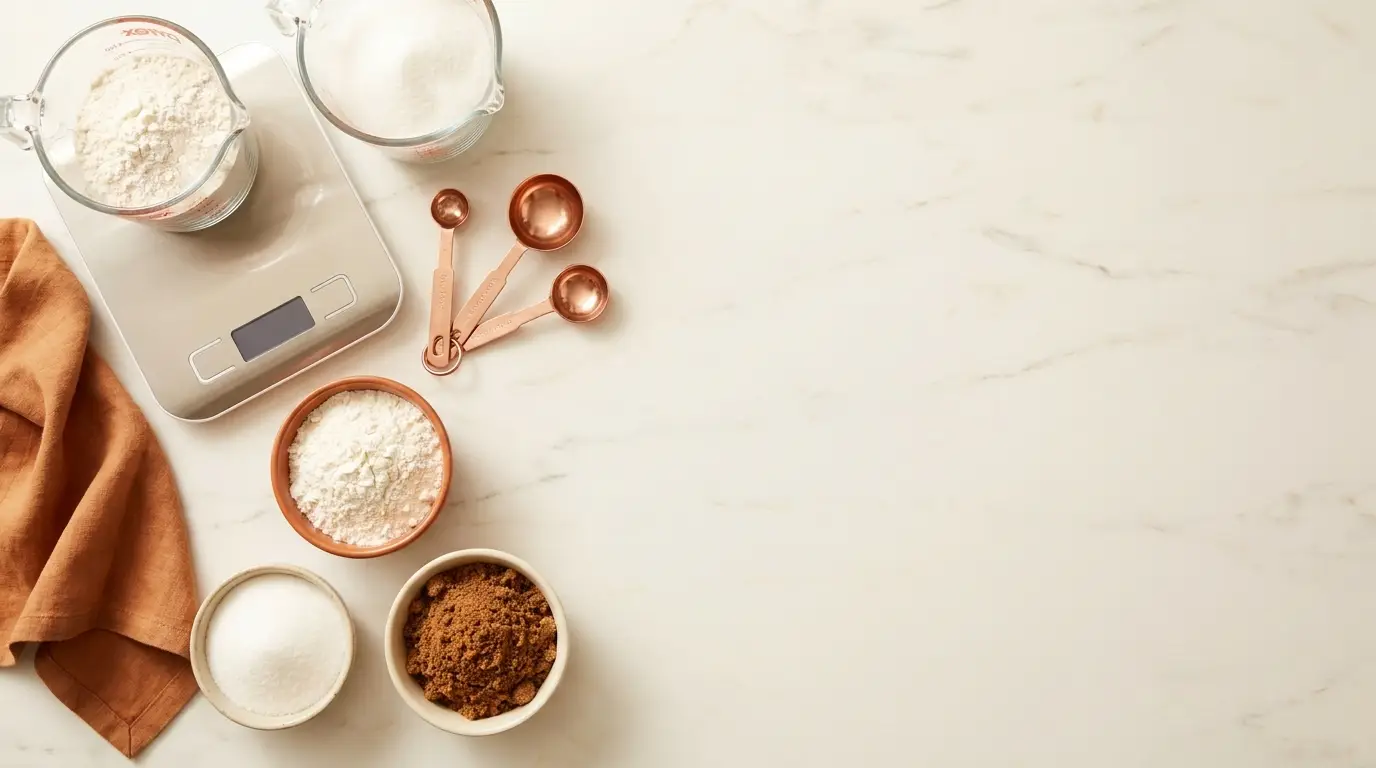 Kitchen scale, glass measuring cups, measuring spoons and bowls of flour and sugar on a marble surface
